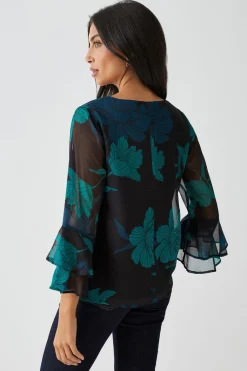 Haut à Manches Évasées Motif Floral Noir