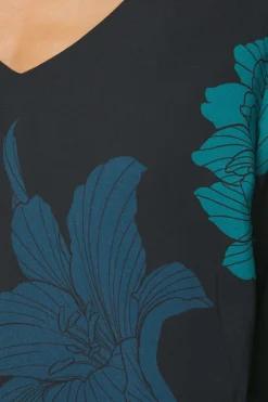 Haut à Manches Évasées Motif Floral Noir