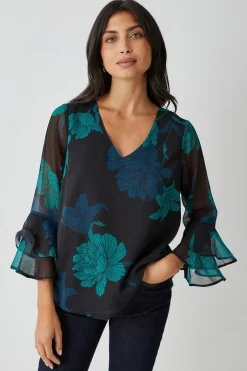 Haut à Manches Évasées Motif Floral Noir