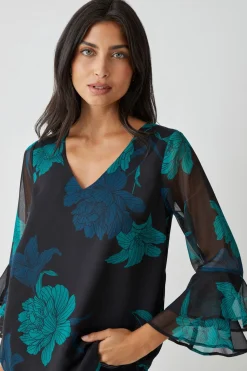 Haut à Manches Évasées Motif Floral Noir