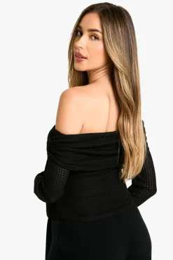 Haut Maternité à Détail de Torsion Texturé et Manches Longues style Bardot
