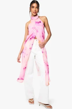 Haut maxi tissé à col haut imprimé floral