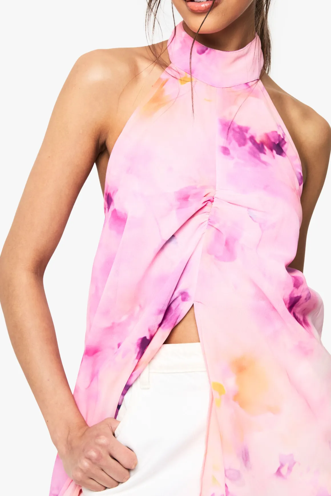 Haut maxi tissé à col haut imprimé floral