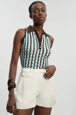 KarenMillen Haut Midi Sans Manches En Maille Pointelle À Col Contrastant<Femme Pulls Et Gilets|Toutes Les Mailles