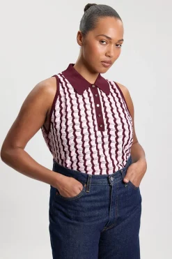 Haut Midi Sans Manches Grande Taille En Maille Ajourée Avec Col Contrasté