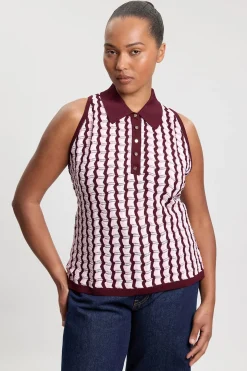 Haut Midi Sans Manches Grande Taille En Maille Ajourée Avec Col Contrasté