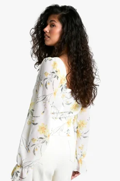 Haut Milkmaid ballon en chiffon à imprimé floral ditsy flou