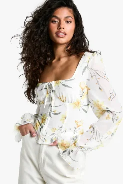 Haut Milkmaid ballon en chiffon à imprimé floral ditsy flou