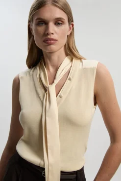 KarenMillen Haut Mix Tissé et Maille à Col Noué<Femme Pulls Et Gilets|Toutes Les Mailles