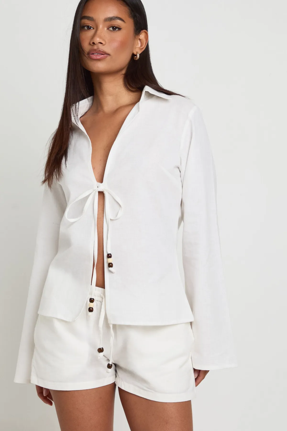 boohoo Haut À Nouer Devant Aspect Lin Avec Perles<Femme Tops