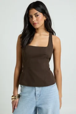 boohoo Haut Peplum À Encolure Carrée En Sergé<Femme Looks Chocolat|Tops