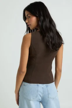 boohoo Haut Peplum À Encolure Carrée En Sergé<Femme Looks Chocolat|Tops