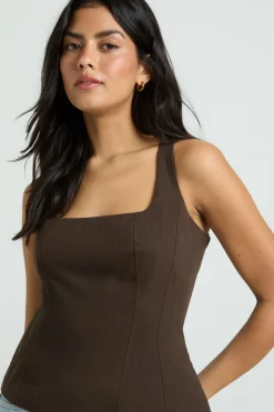 boohoo Haut Peplum À Encolure Carrée En Sergé<Femme Looks Chocolat|Tops