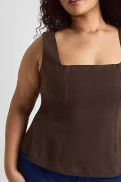 boohoo Haut Peplum Grande Taille En Sergé À Encolure Carrée<Femme Looks Chocolat|Tops