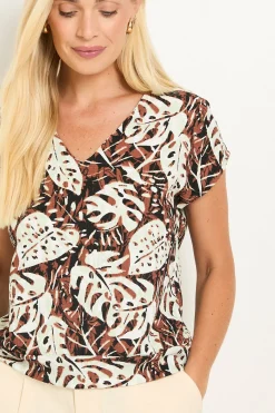 Wallis Haut Petite À Col En V Avec Ourlet Bouffant Et Imprimé Tropical En Jersey<Femme Looks Chocolat|Tops
