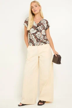 Wallis Haut Petite À Col En V Avec Ourlet Bouffant Et Imprimé Tropical En Jersey<Femme Looks Chocolat|Tops