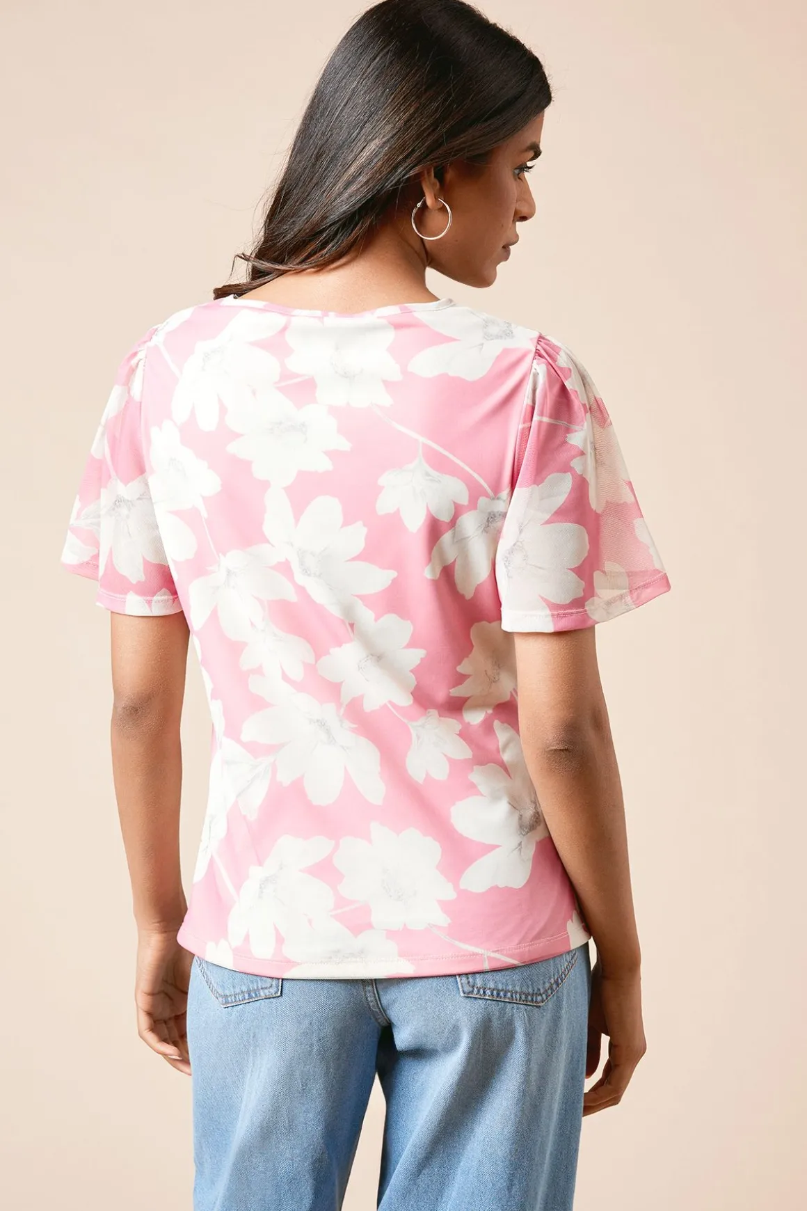 Haut Petite en Maille Jersey à Motif Floral Rose avec Découpe au Col, Fronces Devant et Manches Évasées