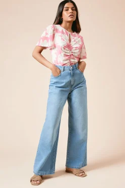 Haut Petite en Maille Jersey à Motif Floral Rose avec Découpe au Col, Fronces Devant et Manches Évasées