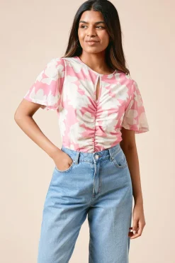 Haut Petite en Maille Jersey à Motif Floral Rose avec Découpe au Col, Fronces Devant et Manches Évasées
