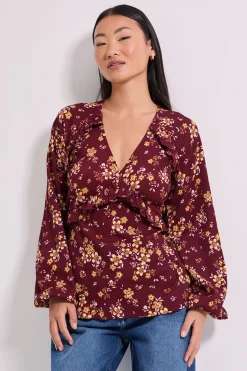 Haut Petite à Imprimé Floral Jaune avec Couture Empire et Détail Volant en Jersey