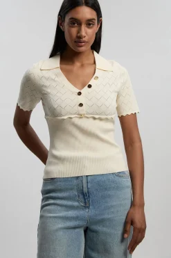 KarenMillen Haut Petite À Manches Courtes Col Côtelé Avec Détails De Points Tricotés<Femme Pulls Et Gilets|Toutes Les Mailles
