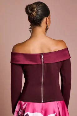 Haut Petite à Manches Longues en Crêpe Compact Satiné avec Encolure Bardot