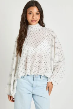 boohoo Haut À Pois Col Montant Taille Élastiquée Manches Chauve-souris<Femme Pois|Tops