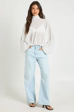 boohoo Haut À Pois Col Montant Taille Élastiquée Manches Chauve-souris<Femme Pois|Tops