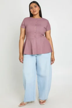 Haut Péplum Côtelé Grande Taille À Boutonnage