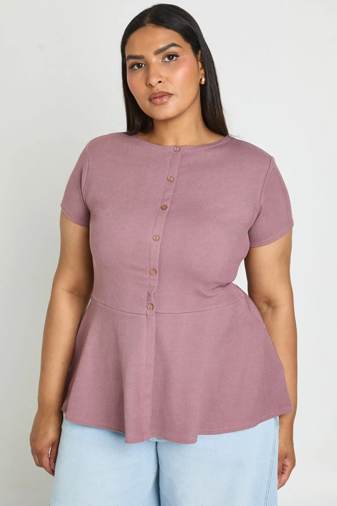 Haut Péplum Côtelé Grande Taille À Boutonnage