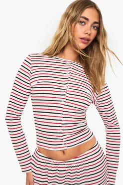 boohoo Haut Rayé À Manches Longues Avec Boutonnage<Femme Tops D’Automne|Tops