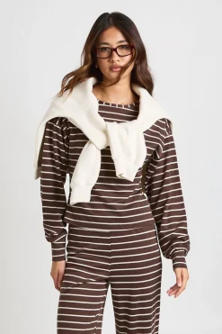 boohoo Haut Rayé À Manches Longues Et Col Rond<Femme Looks Chocolat|Tops