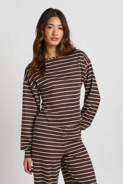 boohoo Haut Rayé À Manches Longues Et Col Rond<Femme Looks Chocolat|Tops