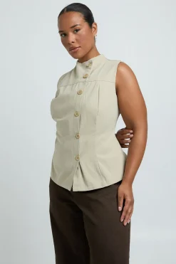 boohoo Haut Sans Manches Col Montant En Sergé De Coton Avec Boutonnage<Femme Tops D’Automne|Tops