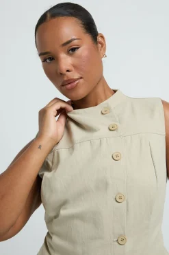 boohoo Haut Sans Manches Col Montant En Sergé De Coton Avec Boutonnage<Femme Tops D’Automne|Tops