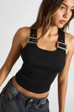 boohoo Haut sans manches côtelé à garniture de boucle<Femme Tops