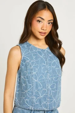 Haut Sans Manches En Denim À Motif Floral