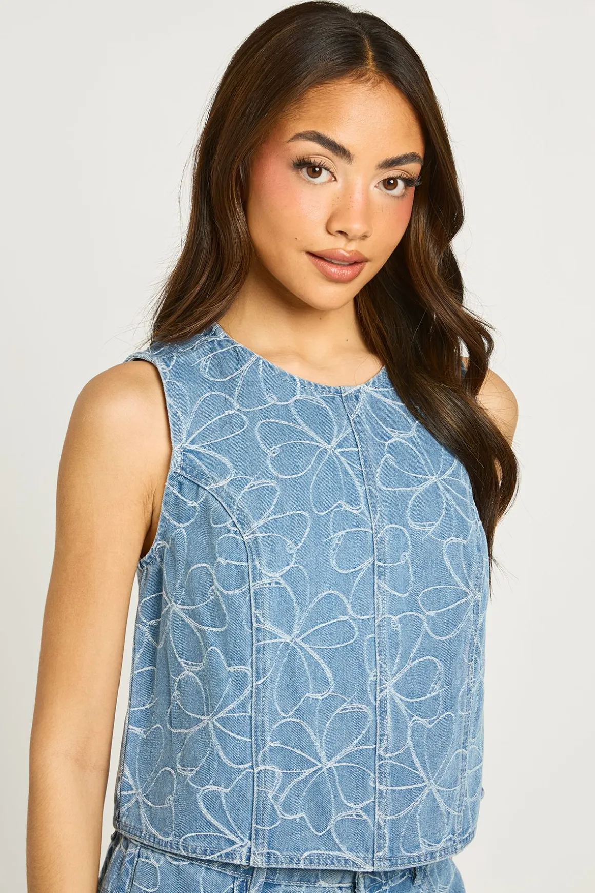 Haut Sans Manches En Denim À Motif Floral