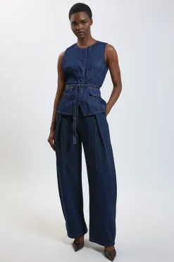 KarenMillen Haut Sans Manches En Denim Plissé Utilitaire<Femme Denim|Tops D’Automne