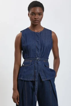 KarenMillen Haut Sans Manches En Denim Plissé Utilitaire<Femme Denim|Tops D’Automne