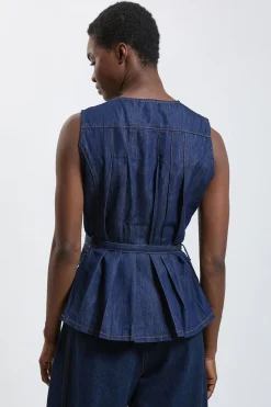 KarenMillen Haut Sans Manches En Denim Plissé Utilitaire<Femme Denim|Tops D’Automne
