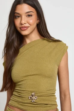 boohoo Haut Sans Manches Texturé À Col Bénitier Et Ornement Floral<Femme Tops