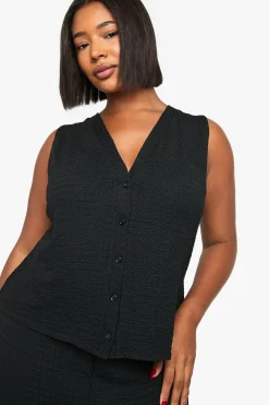 Haut Sans Manches Texturé Grande Taille Avec Boutonnage Intégral