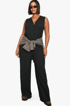 Haut Sans Manches Texturé Grande Taille Avec Boutonnage Intégral