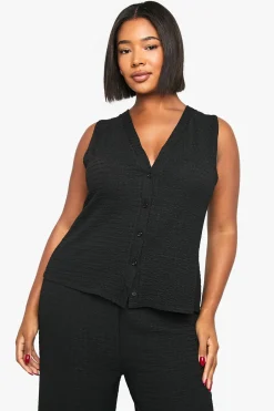 Haut Sans Manches Texturé Grande Taille Avec Boutonnage Intégral