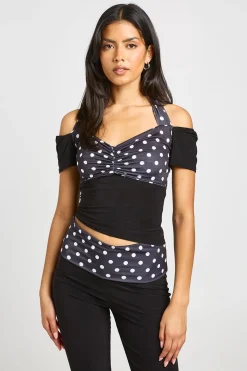 boohoo Haut Slinky À Pois Avec Encolure Nouée Et Manches Courtes<Femme Pois|Tops