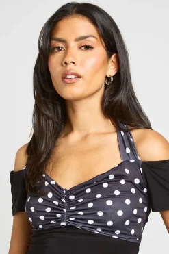 boohoo Haut Slinky À Pois Avec Encolure Nouée Et Manches Courtes<Femme Pois|Tops