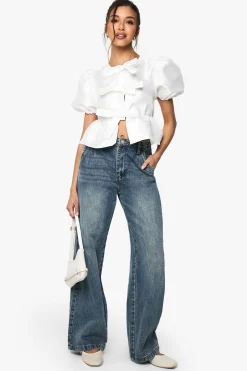 boohoo Haut smock en taffetas à nouer à l'avant et manches bouffantes<Femme Tops