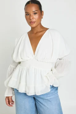 Haut Smock Grande Taille À Encolure En V Et Manches Bouffantes Volumineuses