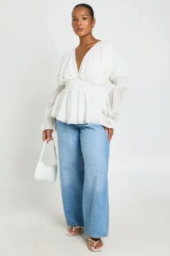 Haut Smock Grande Taille À Encolure En V Et Manches Bouffantes Volumineuses